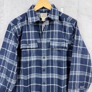 NWT L.L. Bean Traditional Fit Navy Blue Plaid Flannel Shirt 100%Cotton Sz S $115
